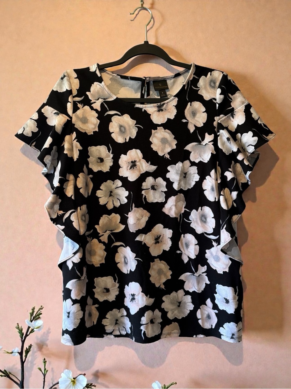 Worthington Black Ruffled Top with Grey/White/Peach Floral Print
